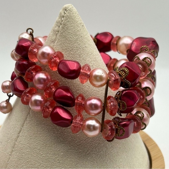 Vintage Light Pink Dusty Rose Faux Pearl Layered Beaded Cuff Wire Bracelet - Picture 6 of 9